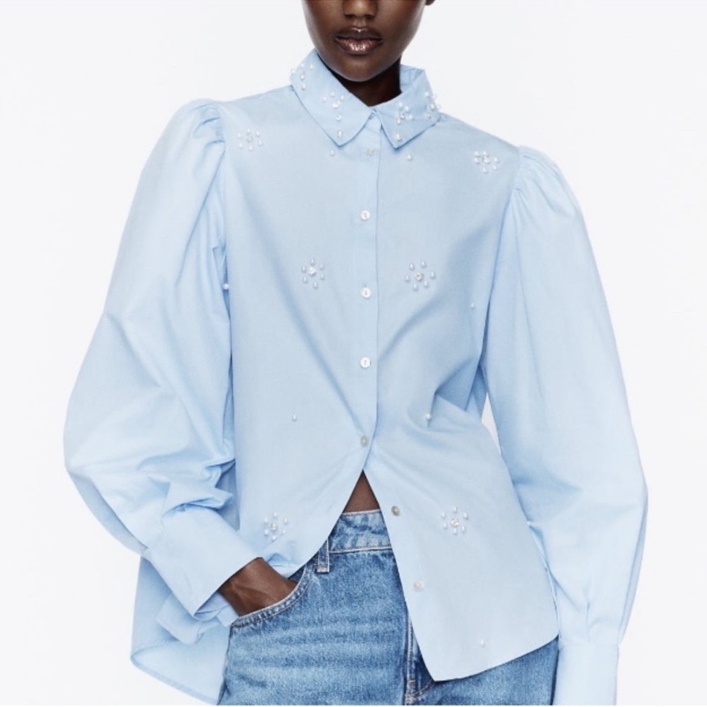 ZARA NWT JEWEL AND PEARL POPLIN SHIRT M